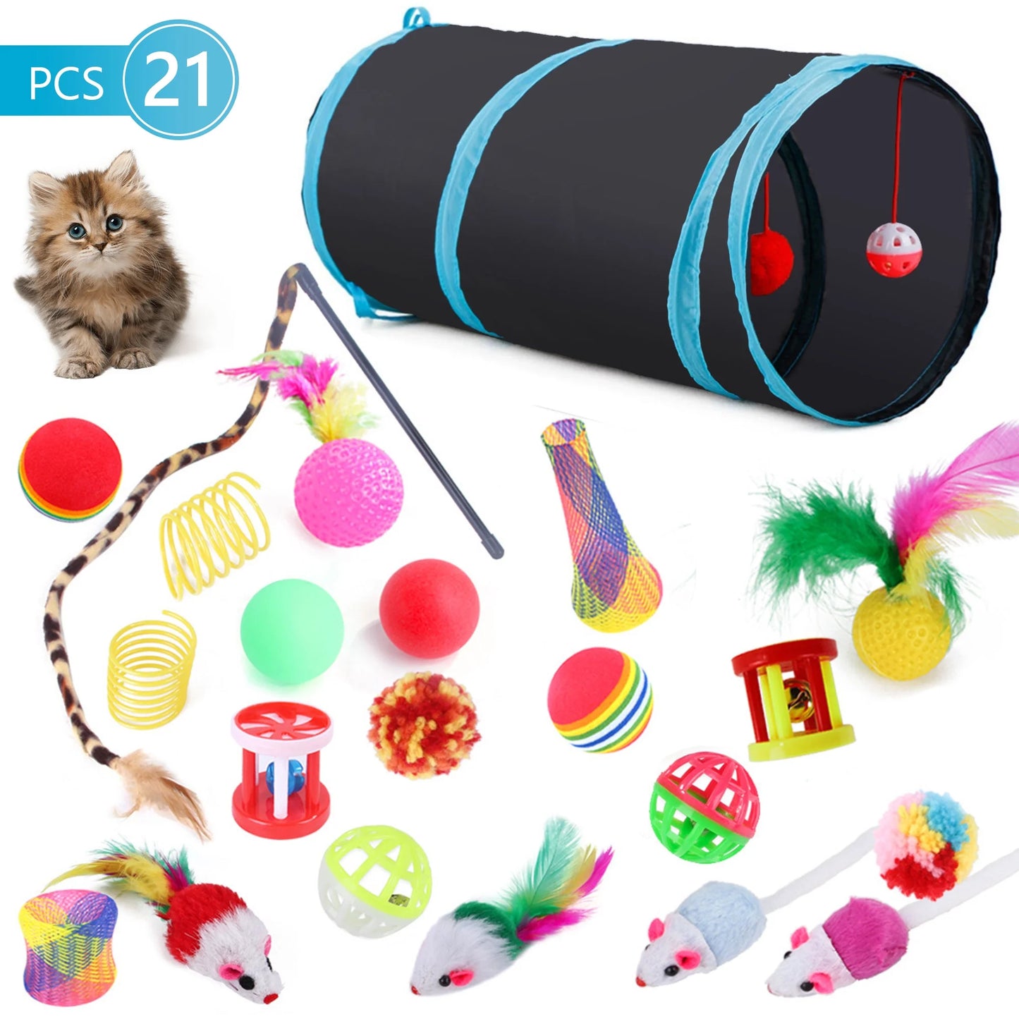 22Pcs Cat Toys Kitten Toy Set Collapsible Blue Black Cat Tunnel Interactive Pet Toys Teaser Cat Feather Toys Colorful Mouse Plush Ball Bell Ball Toy Kit Kitten Bunny Puppy