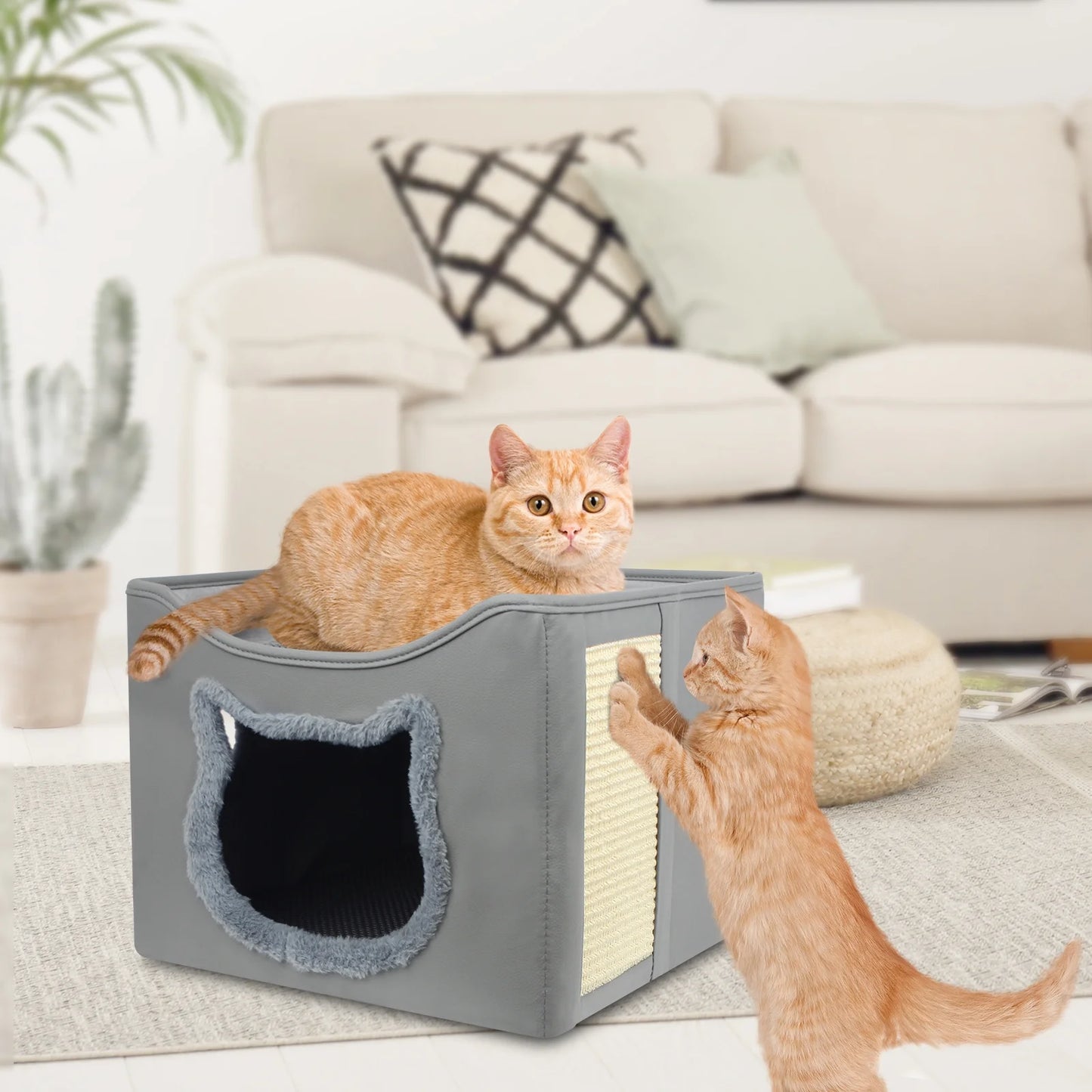 Cat Beds for Indoor Cats, Foldable Square Comfortable Pet Cave Bed & Furniture, with Scratching Pad and 2 Cushion, Grey