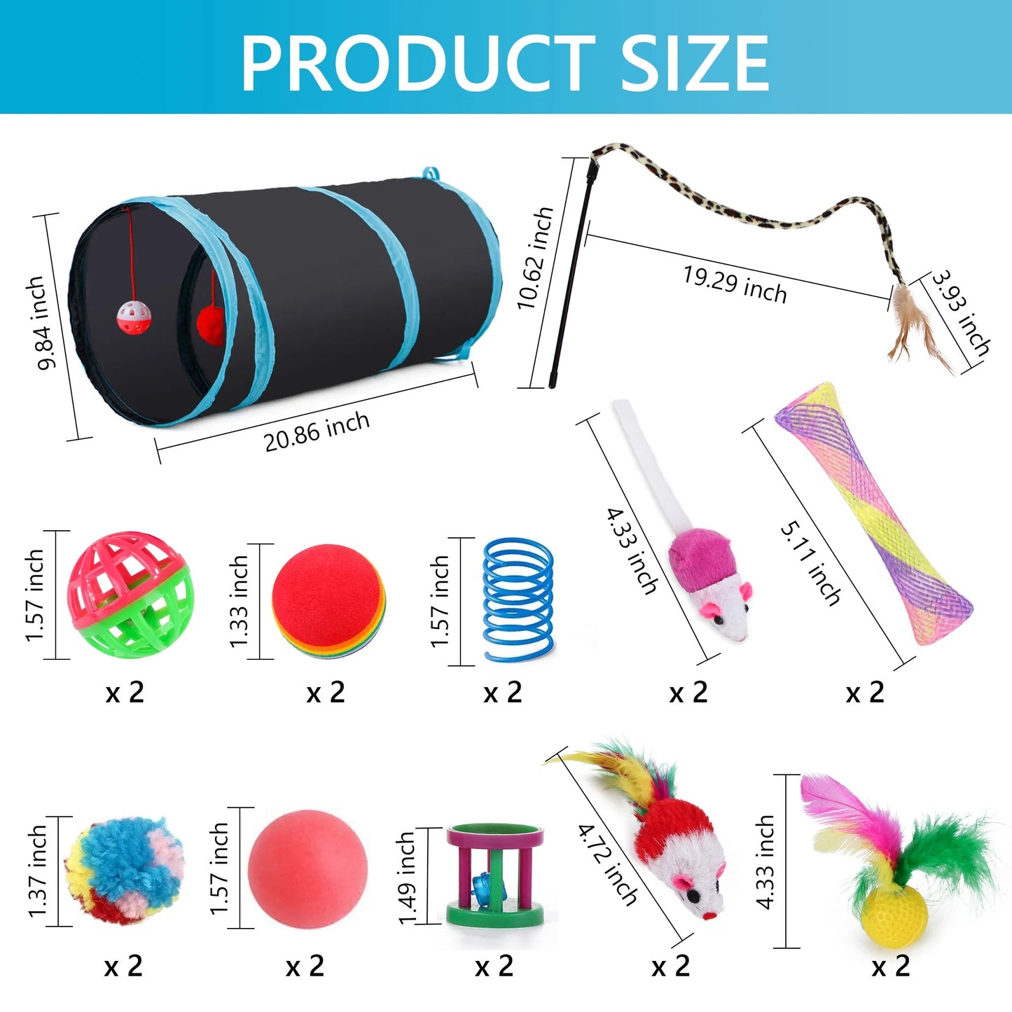 22Pcs Cat Toys Kitten Toy Set Collapsible Blue Black Cat Tunnel Interactive Pet Toys Teaser Cat Feather Toys Colorful Mouse Plush Ball Bell Ball Toy Kit Kitten Bunny Puppy