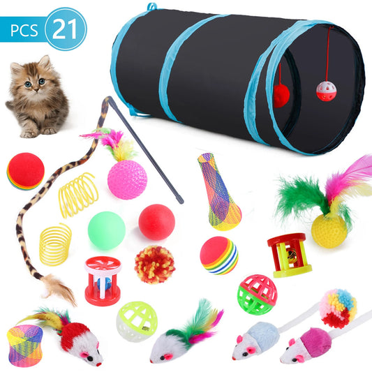 22Pcs Cat Toys Kitten Toy Set Collapsible Blue Black Cat Tunnel Interactive Pet Toys Teaser Cat Feather Toys Colorful Mouse Plush Ball Bell Ball Toy Kit Kitten Bunny Puppy