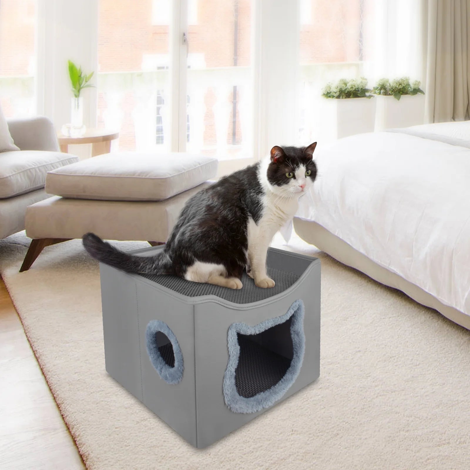 Cat Beds for Indoor Cats, Foldable Square Comfortable Pet Cave Bed & Furniture, with Scratching Pad and 2 Cushion, Grey
