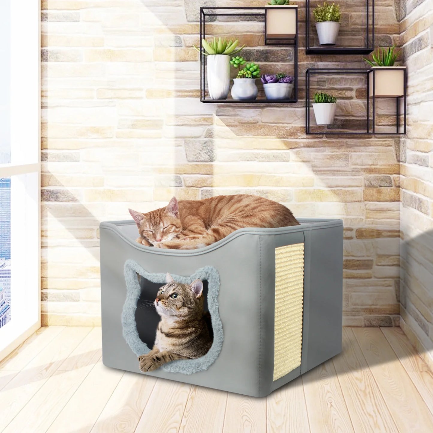 Cat Beds for Indoor Cats, Foldable Square Comfortable Pet Cave Bed & Furniture, with Scratching Pad and 2 Cushion, Grey