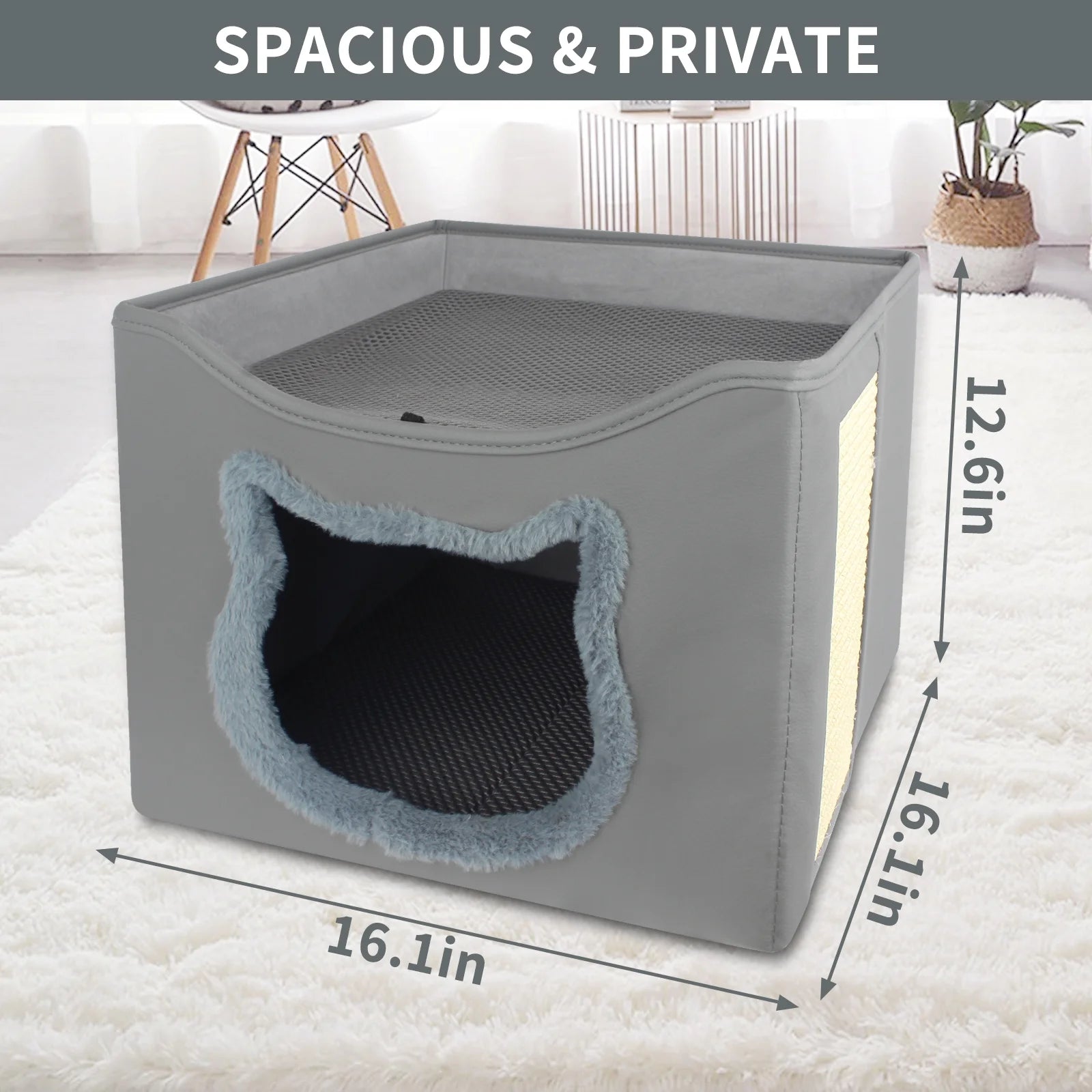 Cat Beds for Indoor Cats, Foldable Square Comfortable Pet Cave Bed & Furniture, with Scratching Pad and 2 Cushion, Grey