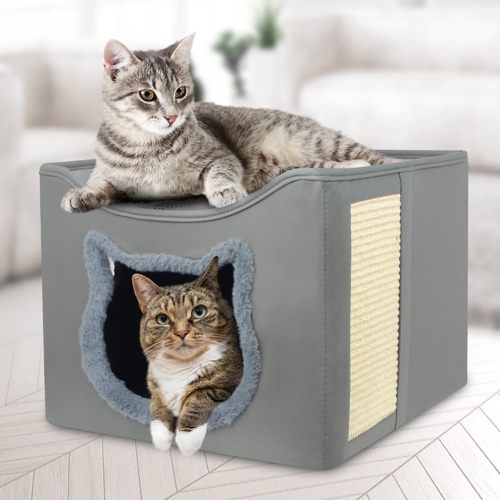 Cat Beds for Indoor Cats, Foldable Square Comfortable Pet Cave Bed & Furniture, with Scratching Pad and 2 Cushion, Grey