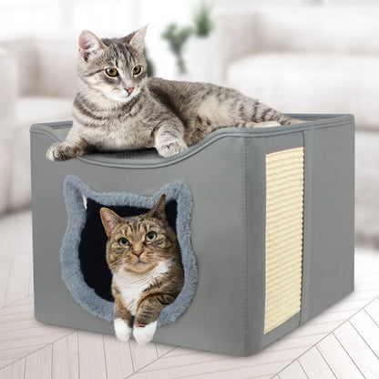 Cat Beds for Indoor Cats, Foldable Square Comfortable Pet Cave Bed & Furniture, with Scratching Pad and 2 Cushion, Grey