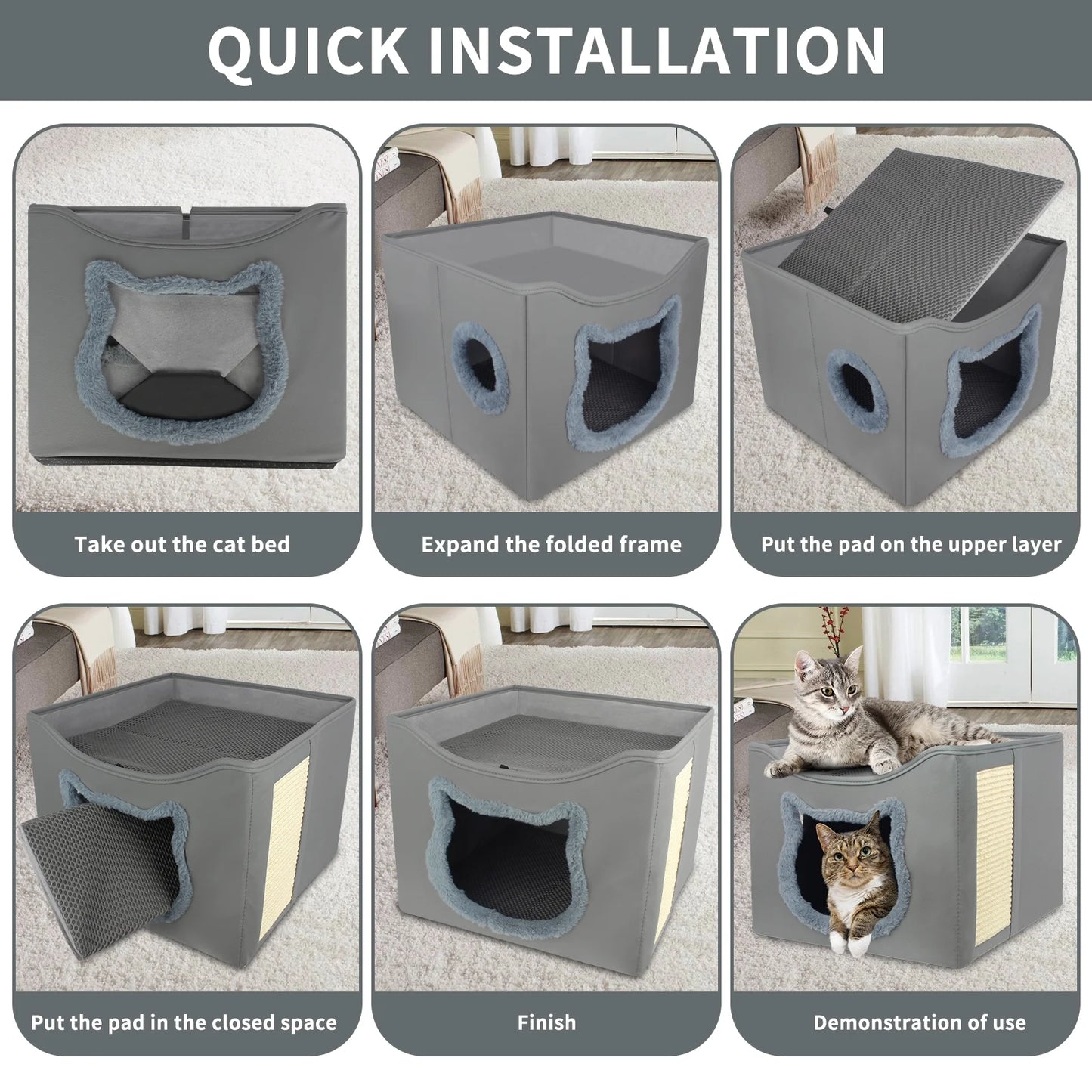 Cat Beds for Indoor Cats, Foldable Square Comfortable Pet Cave Bed & Furniture, with Scratching Pad and 2 Cushion, Grey