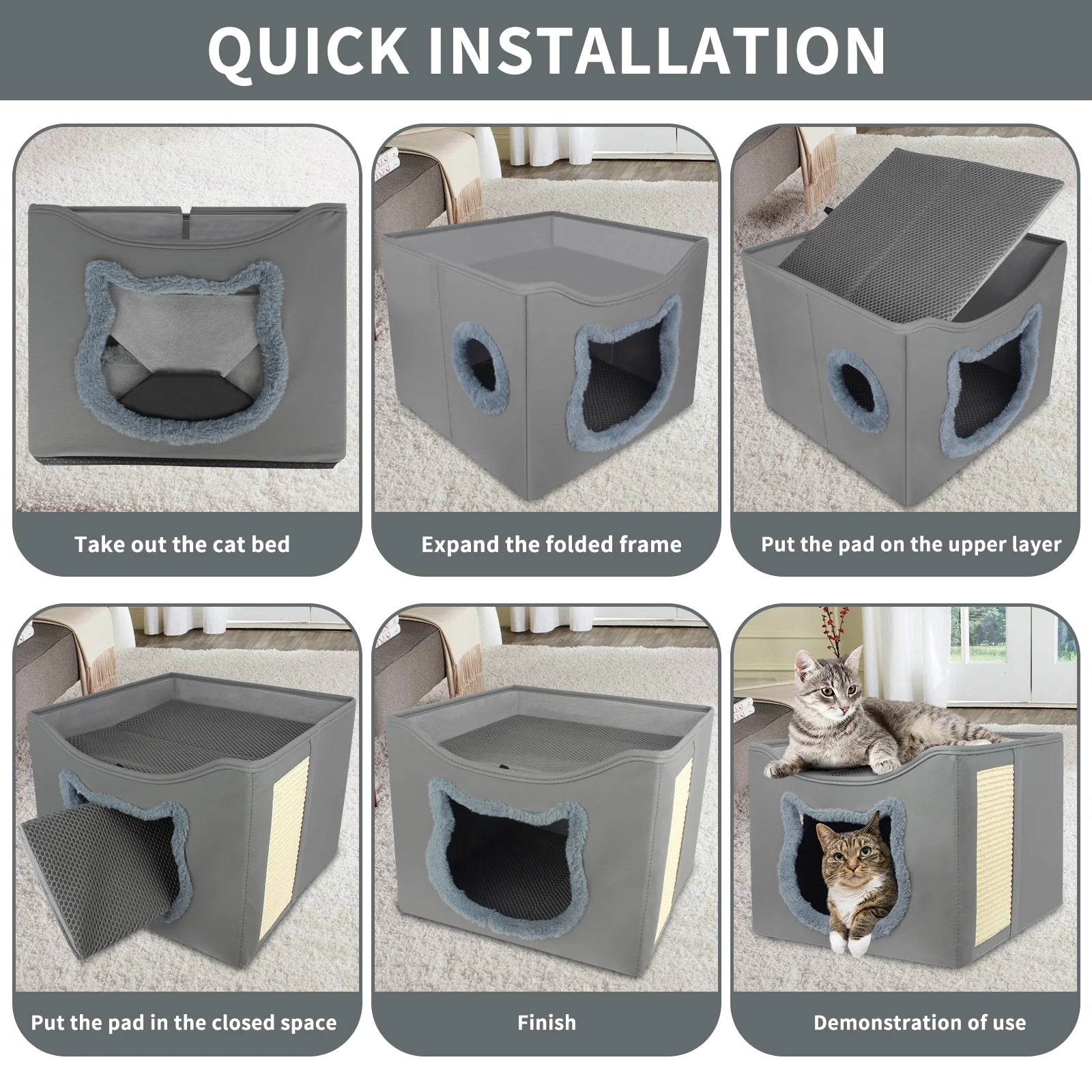 Cat Beds for Indoor Cats, Foldable Square Comfortable Pet Cave Bed & Furniture, with Scratching Pad and 2 Cushion, Grey