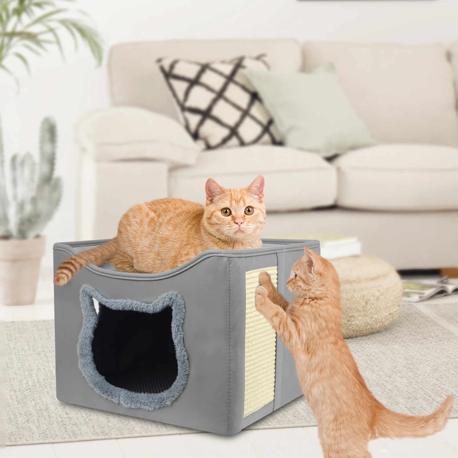 Cat Beds for Indoor Cats, Foldable Square Comfortable Pet Cave Bed & Furniture, with Scratching Pad and 2 Cushion, Grey