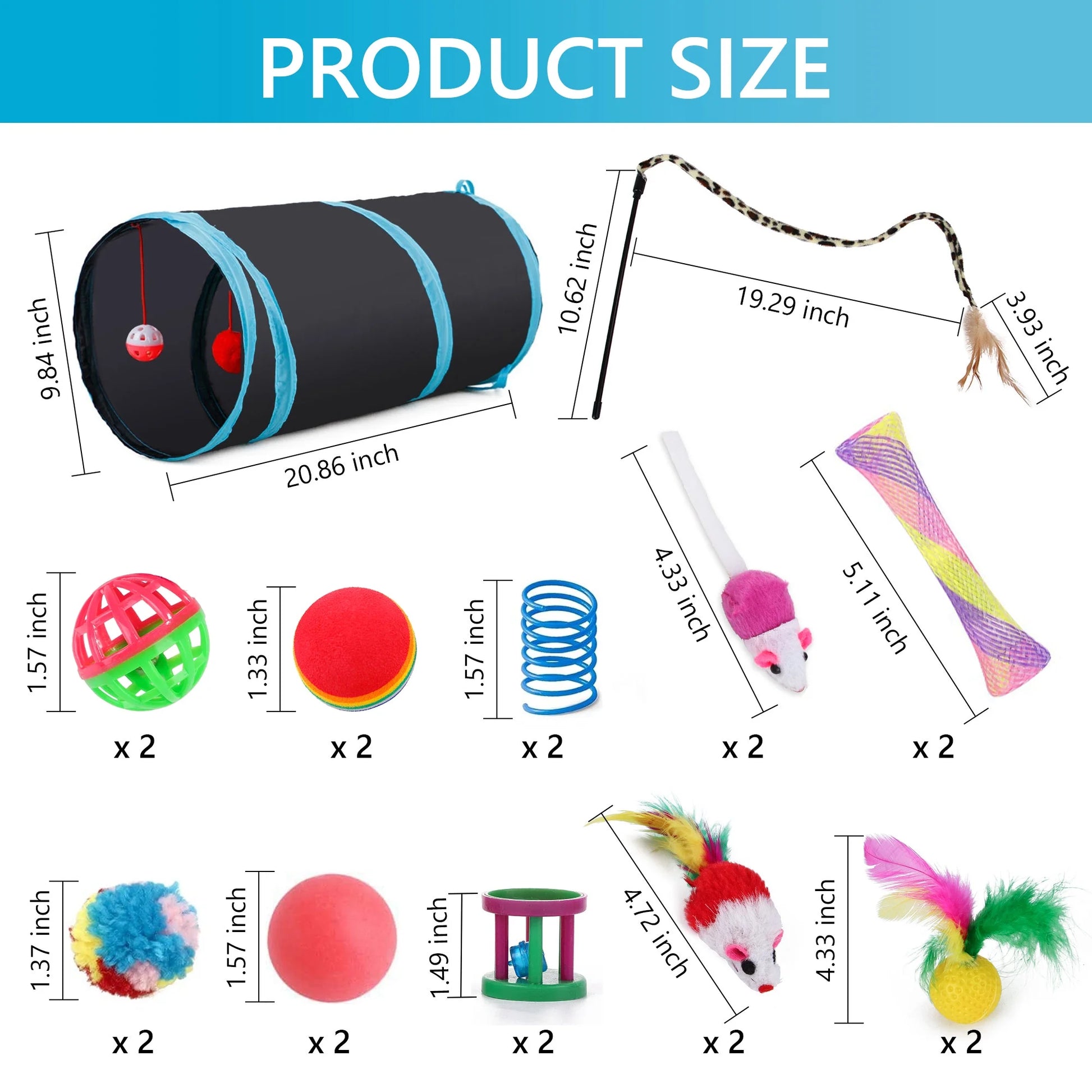 22Pcs Cat Toys Kitten Toy Set Collapsible Blue Black Cat Tunnel Interactive Pet Toys Teaser Cat Feather Toys Colorful Mouse Plush Ball Bell Ball Toy Kit Kitten Bunny Puppy